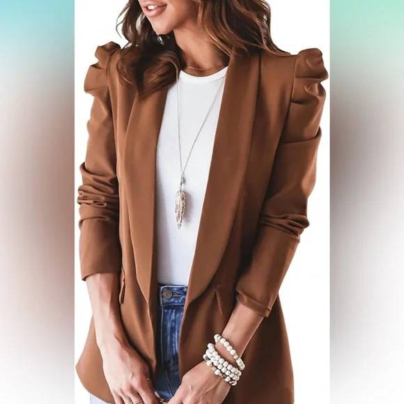 Women's lightweight Puff Sleeve Blazer Jacket with Pockets - Picture 2 of 5